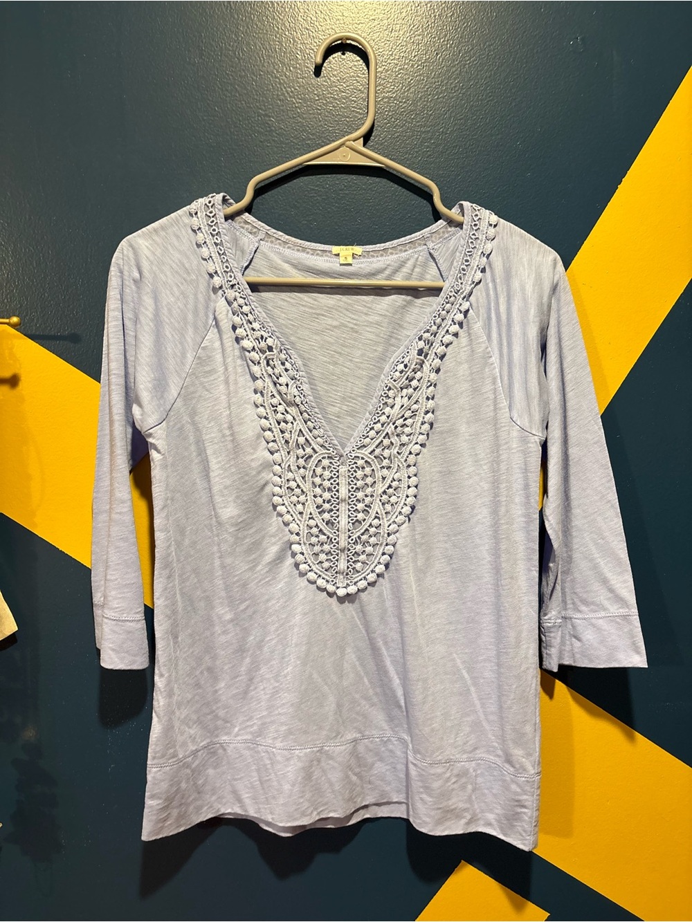J. Crew Light Blue V-Neck Top with Crochet & Pom Pom Trim EUC